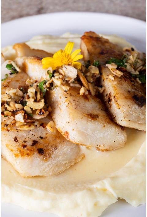 Filé de peixe grelhado sobre purê, com farofa crocante